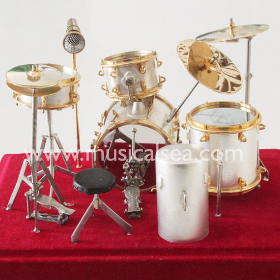 Silver miniature Drum set ornament musical in